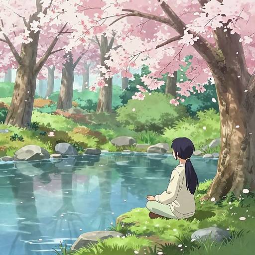 Digital anime-style drawing of a girl with long black hair in a white kimono, sitting by a peaceful cherry blossom-filled forest stream.