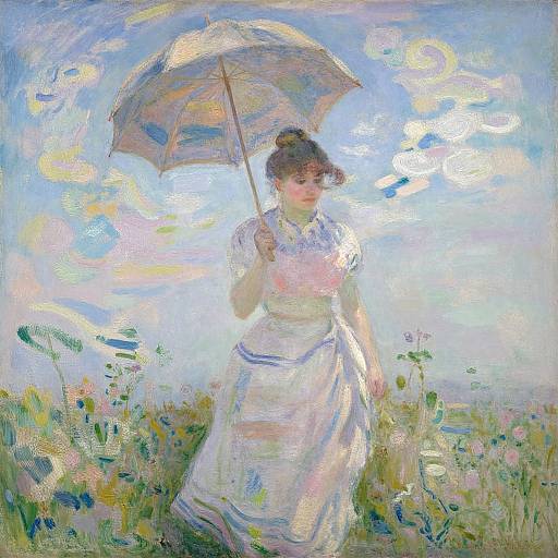 Impressionist painting of a woman in a white dress holding an umbrella, standing in a sunlit meadow with blue sky and fluffy clouds.