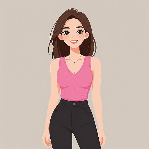Digital anime-style drawing of a smiling woman with long brown hair, wearing a pink tank top and black high-waisted pants, against a plain white