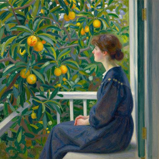 Impressionist painting of a fair-skinned woman with brown hair in a blue dress, sitting on a porch, gazing at vibrant orange trees with