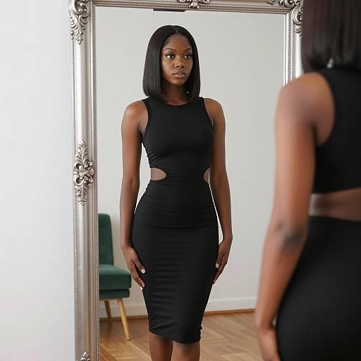 Woman in Black Dress Looking in Mirror