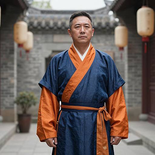 Photograph of a middle-aged Asian man in traditional navy and orange Chinese robe, standing in a stone courtyard with lanterns.