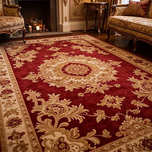 Luxurious living room photograph featuring an ornate, red floral-patterned rug, elegant upholstered furniture, lit candles in a fireplace, and classic decor