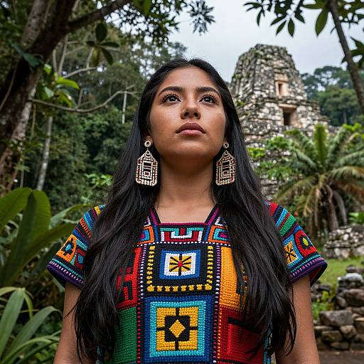 Photograph of a young woman with long black hair, wearing a colorful, geometric-patterned dress and large, intricate earrings, standing in front of a