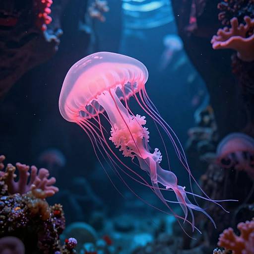 Photograph of a vibrant, glowing pink and white jellyfish with flowing tentacles, floating among colorful coral and marine life in a dark, underwater ocean