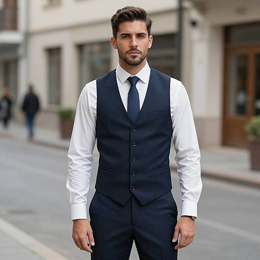 Photograph of a handsome, bearded man with short brown hair, wearing a black vest, white shirt, and navy tie, standing confidently on a