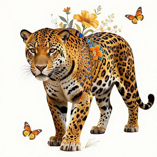 Digital artwork of a spotted jaguar with orange flowers and blue butterflies on its back, surrounded by three orange butterflies, standing on a white background.