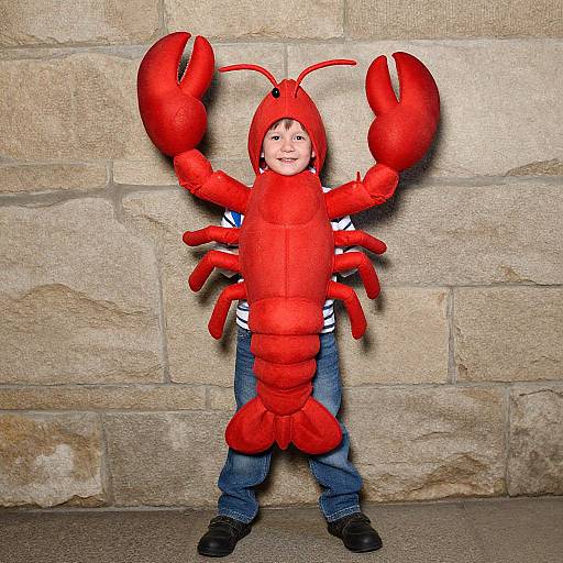 Photograph of a young boy in a bright red lobster costume with oversized claws, blue jeans, and black shoes, standing against a beige stone wall.