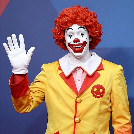 Photograph of a vibrant clown with red curly hair, white face paint, and red lips, wearing a yellow jacket with red trim, white collar,