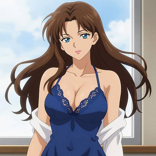Anime-style digital drawing of a blue-eyed woman with long brown hair, wearing a low-cut blue lace camisole and white unbuttoned shirt.