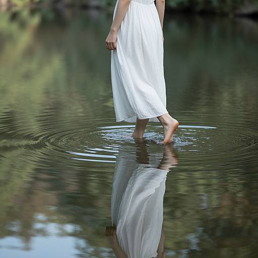 Photograph of a person in a flowing white dress walking barefoot in calm water, ripples forming around their feet, with a reflective surface and green
