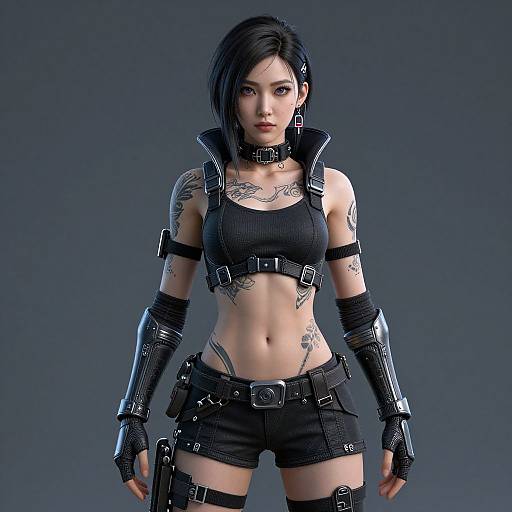 CGI image of an Asian woman with black hair, tattoos, wearing black leather harness, crop top, shorts, arm guards, and choker.