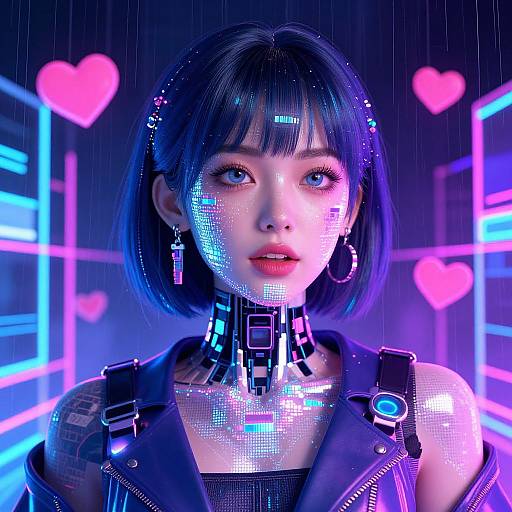 Digital artwork of a neon-lit, cyberpunk Asian woman with short black hair, glowing heart background, futuristic armor, and pixelated face.