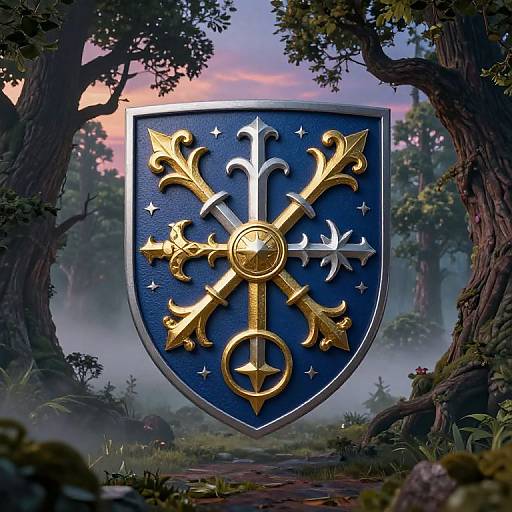 Digital artwork of a medieval blue shield with gold, ornate cross and stars, set in a misty forest at sunset.
