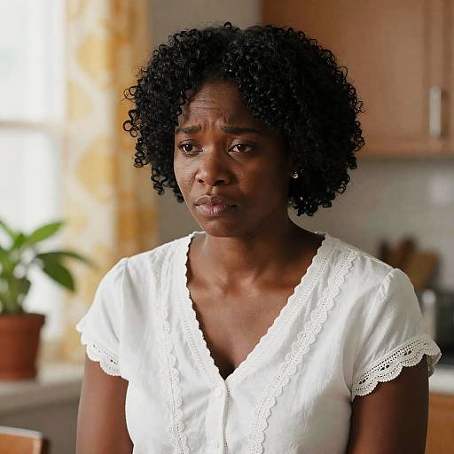 Worried Woman in a Cozy Kitchen