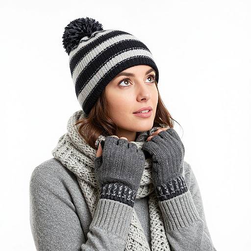 Photograph of a smiling woman with brown hair, wearing a black-and-white striped knit hat, gray sweater, and matching gloves, against a white background