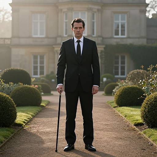 Photograph of a serious, dark-haired man in a black suit, white shirt, and black tie, holding a cane, standing on a sunlit