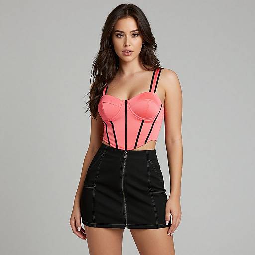 Photograph of a woman with long dark hair, wearing a bright pink, strapless, underwire top with black suspenders, and a black mini