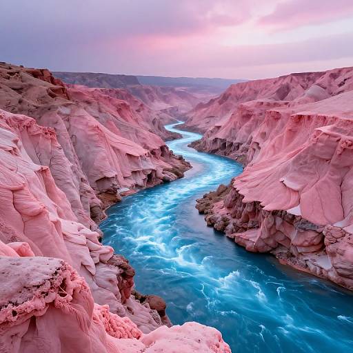 Photograph of a pink-hued canyon with a vibrant blue river winding through it, under a pastel pink and purple sunset sky.