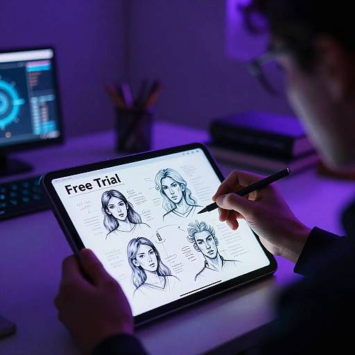 Photograph of hands drawing black-and-white sketch of four faces on tablet, labeled 