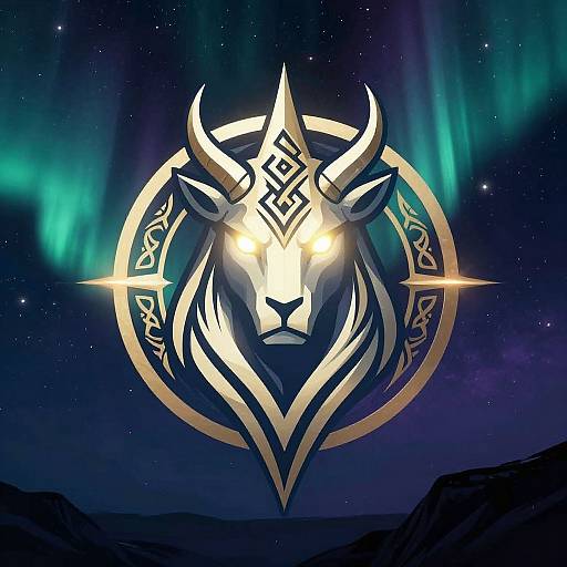 Digital art: Illuminated stylized bull head with glowing eyes, golden horns, and Celtic patterns, set against a night sky with green aurora.
