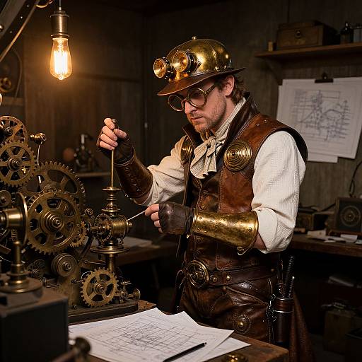 Steampunk inventor in brass helmet and goggles, adjusting gears, illuminated by vintage bulb, in dimly lit workshop. Detailed blueprints on wall.