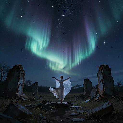 Digital art: Silhouetted woman in flowing white dress dances under vibrant aurora borealis, surrounded by dark, abandoned ruins, starry night