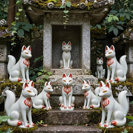 Tranquil Outdoor Stone Shrine with Fox Statues