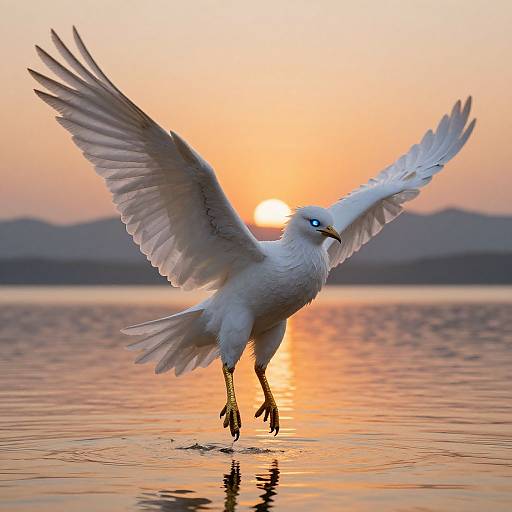 Photograph of a white seagull with outstretched wings, landing on calm water at sunset, with an orange sun and mountainous horizon in