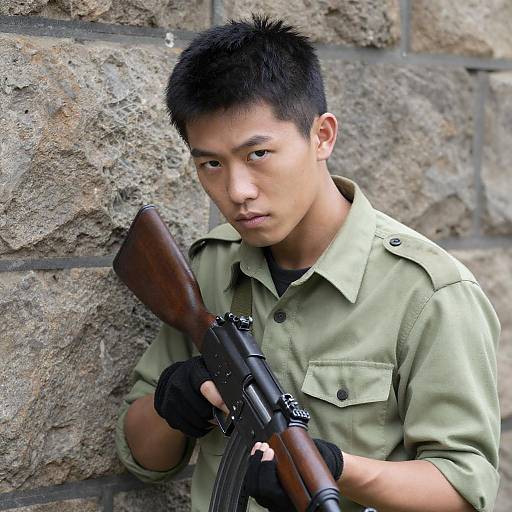 Determined Soldier Against Stone Wall