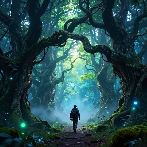Digital fantasy art of a lone figure in a mystical, luminescent forest with towering, twisted trees, glowing blue fireflies, and ethereal light