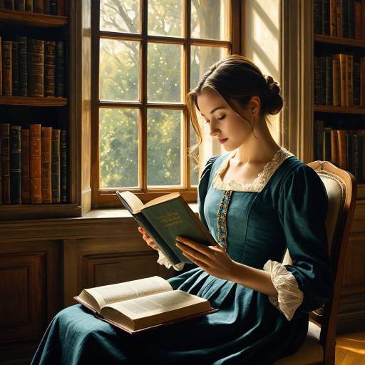 Young Woman Reading in Sunlit Renaissance Library