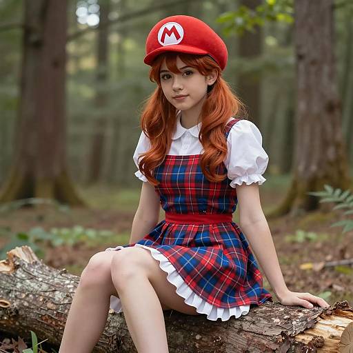 Young Woman in Super Mario Inspired Cosplay in Forest