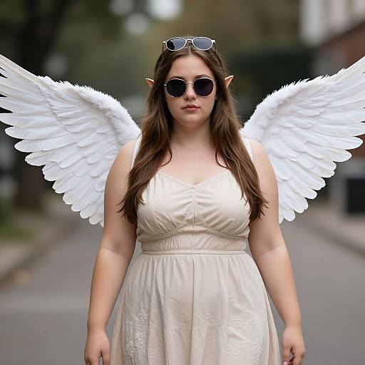 Photograph of a young woman with white angel wings, long brown hair, round sunglasses, and pointed elf ears, wearing a white dress, standing on