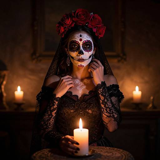 Mystical Woman in Candlelit Skull Makeup