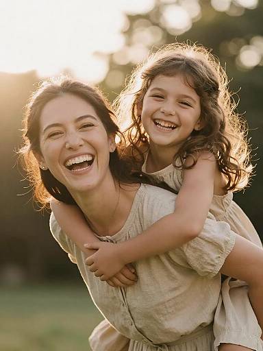 Joyful Mother Carrying Daughter Outdoors