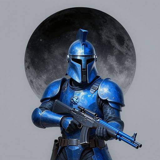 Digital artwork of a blue armored knight with a helmet, holding a futuristic gun, standing before a dark, moon-like background.
