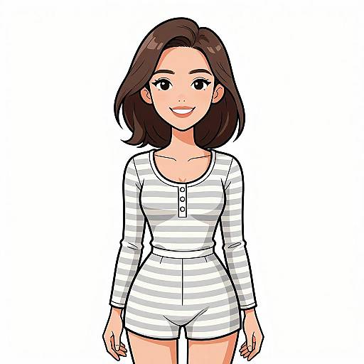 Digital anime-style drawing of a smiling woman with medium-length brown hair, wearing a white and gray striped long-sleeve top and matching shorts, against