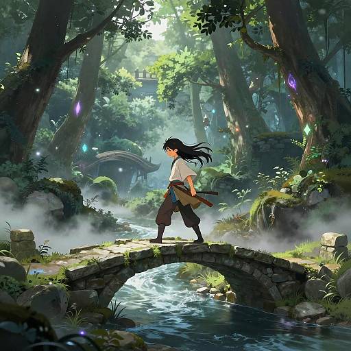 Anime-style digital artwork: lone warrior with black hair and white shirt crosses misty, sunlit stone bridge over a flowing stream in a lush, magical