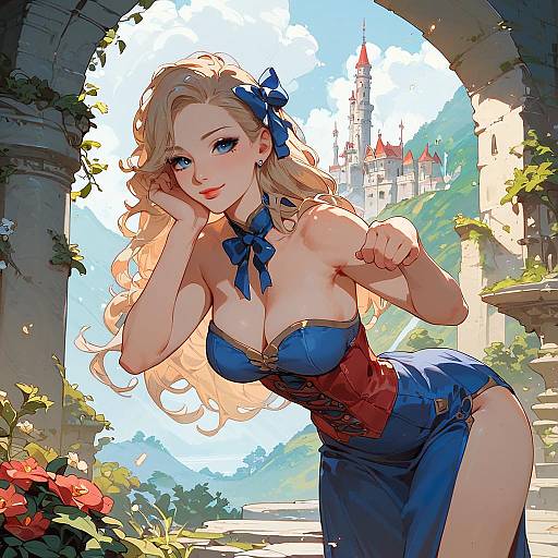 Digital anime-style illustration of a blonde, blue-eyed woman with large breasts, wearing a blue corset and dress, bow in hair, leaning forward in