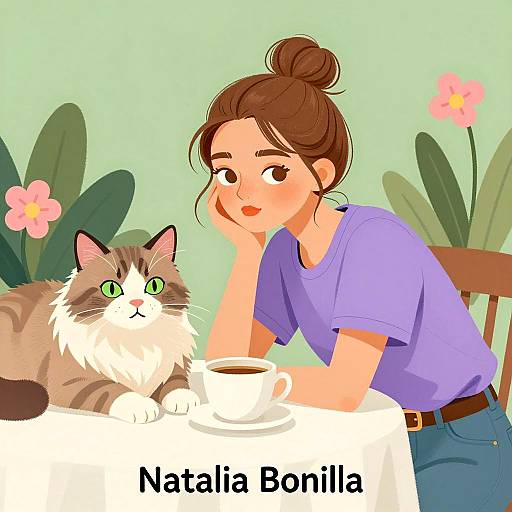 Young Woman with Cat and Coffee