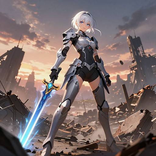 Anime-style digital artwork of a white-haired, blue-eyed female warrior in black and silver armor, holding a glowing blue sword, standing amidst a ruined city