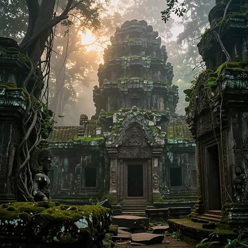 Photograph of a misty, ancient, moss-covered temple with intricate carvings, sunlight piercing through trees, and vines creeping up stone pillars.