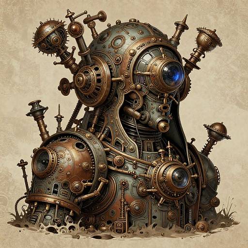 Steampunk mechanical creature with numerous brass gears, blue lenses, and protruding tubes, standing on a grassy, beige textured background. Digital art