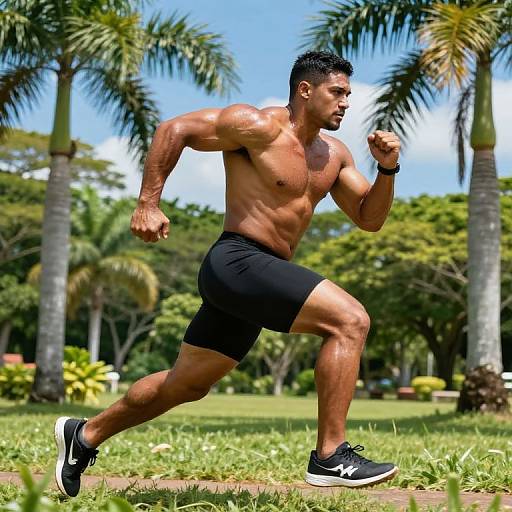 Photograph of a muscular, tan-skinned man with short black hair running outdoors in black shorts and black Adidas sneakers, surrounded by palm trees and lush