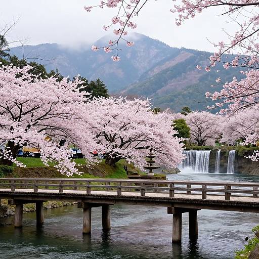 Photograph of a wooden bridge over a flowing river, surrounded by pink cherry blossoms, with a waterfall in the background and misty mountains rising above