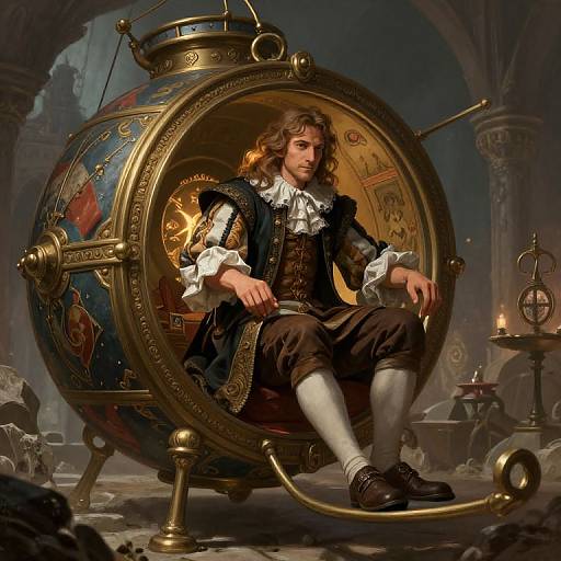 Digitally painted image of a young man with long brown hair, wearing 18th-century attire, sitting in a ornate, steampunk-style