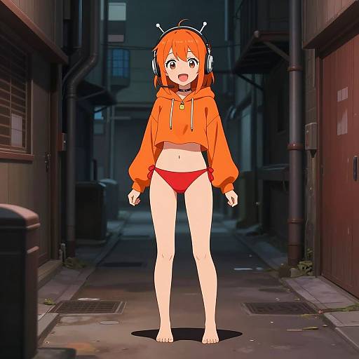 Digital anime-style drawing of a surprised, orange-haired girl in an orange hoodie, red panties, and headphones, standing barefoot in a dim, narrow