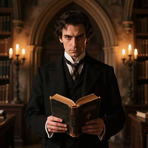 Photograph of a serious young man with curly dark hair, wearing a black Victorian-style suit and tie, holding an old book in a dimly lit