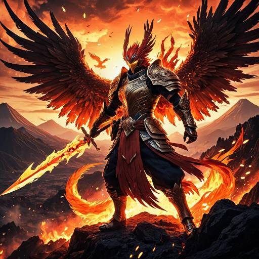 Ancient Phoenix Warrior in Fiery Battleground